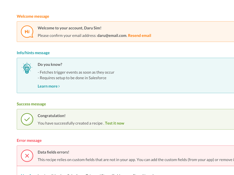 Alert messages using color and icons to convey the intended tone of voice